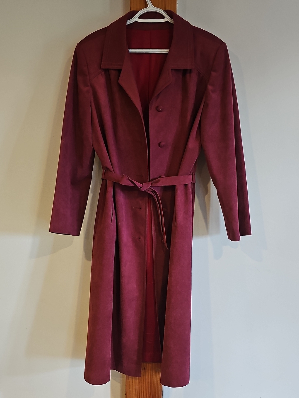 Vintage 70s Classic Berry Ultrasuede Long Trench Coat with Belt